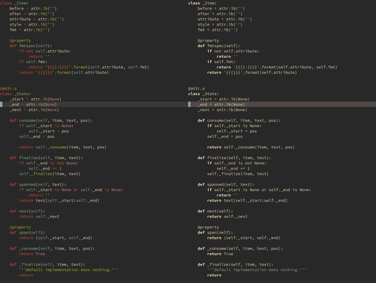 Side-by-side screenshot of same Python code highlighted by Gruvbox and bw.vim